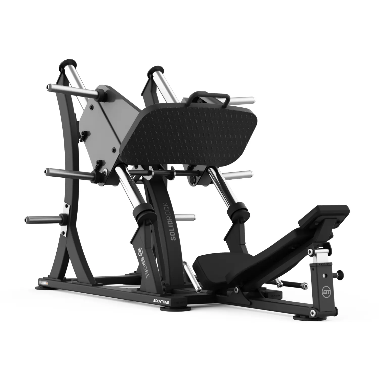 Presse à jambes inclinée Bodytone SR06E — machine musculation jambes professionnelle Hack Squat, convergent, à disques olympiques, guidée, design innovant, entraînement force et jambes pour salle de gym ou home-gym