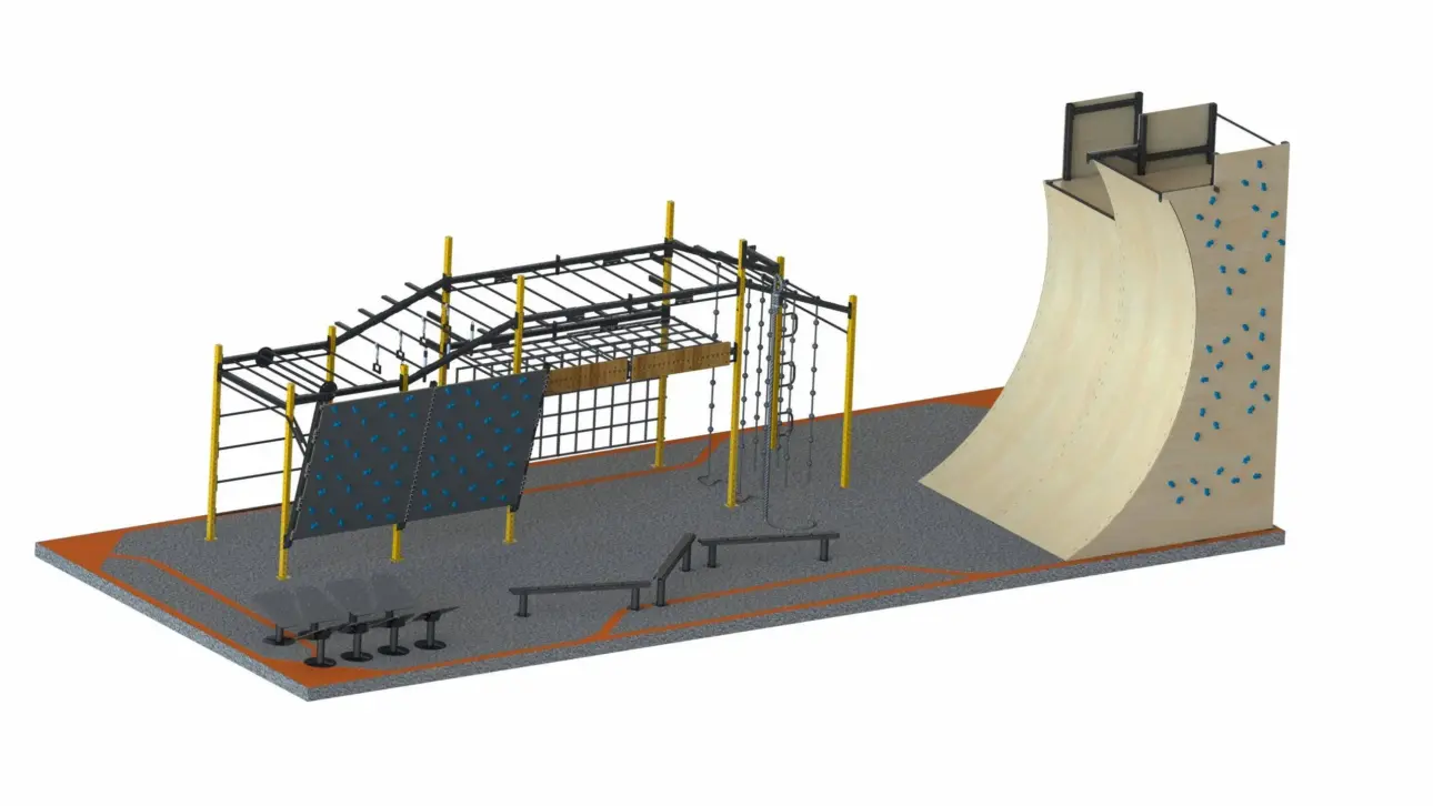 Ninja Warrior training course, 21 modules over 16 by 7 m