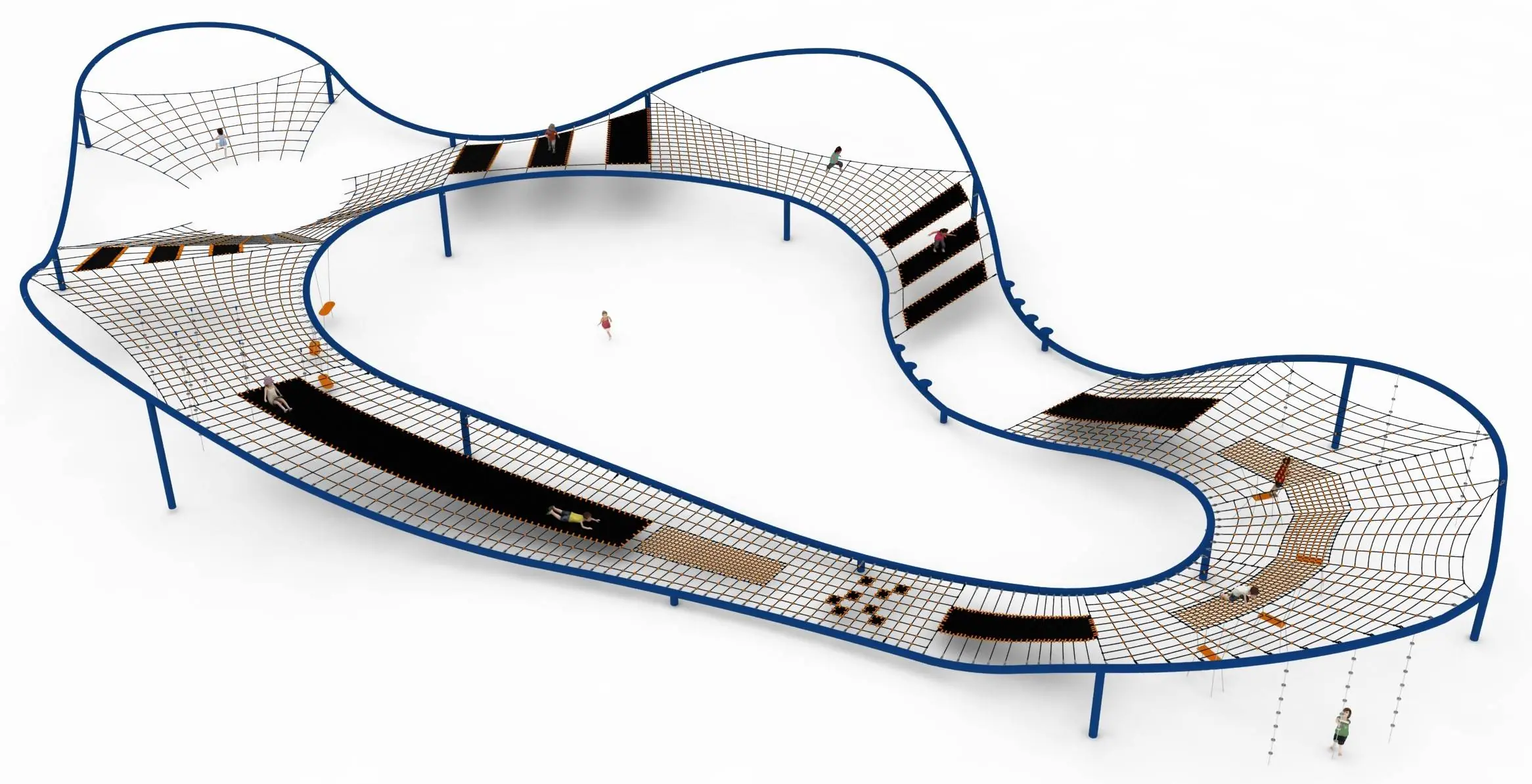 aire de jeux araignée grand circuit pour grimper et s'amuser structure en acier galvanisé, filets de corde et accessoires variés