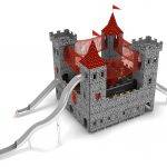 aire de jeux château médiéval tours en acier, panneaux hpl, filets et passerelles pour jouer et communiquer