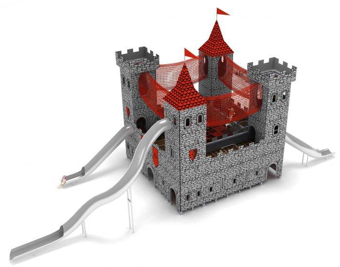 aire de jeux château médiéval tours en acier, panneaux hpl, filets et passerelles pour jouer et communiquer
