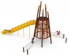 aire de jeux tours tipi structure en acier, réseaux de câbles, toboggan tubulaire résistant à la corrosion et sécurisé
