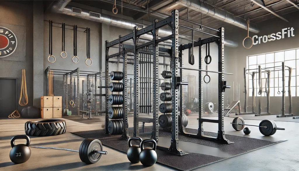 Cage, rack et structure de CrossFit utilisés pour le Cross Training et le Functional Training, avec barres de traction, supports de squat et divers accessoires de musculation.