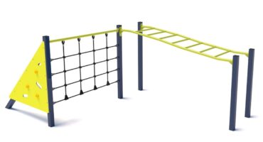 Set Parcours Sportif Ninja Enfant P5005 — structure jeu extérieur enfants : mur d’escalade incliné avec prises, filet d’escalade vertical et échelle horizontale “monkey bars”, parcours d’agilité et motricité, aire de jeux certifiée EN 1176 pour jardin, parc ou espace fitness ludique