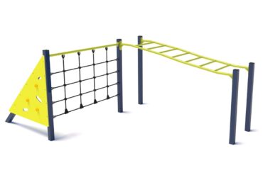 set parcours sportif ninja enfant active play set p5005 Set Parcours Sportif Ninja Enfant P5005 — structure jeu extérieur enfants : mur d’escalade incliné avec prises, filet d’escalade vertical et échelle horizontale “monkey bars”, parcours d’agilité et motricité, aire de jeux certifiée EN 1176 pour jardin, parc ou espace fitness ludique