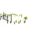 Éléments et jeux du parcours sportif (modèle P5036) Mur d’escalade filet + plots suspendus (à gauche de la structure) Mur constitué de cordages croisés pour grimper. Équipé de plots ronds suspendus en hauteur. Permet de travailler l’agilité, la force et l’équilibre en hauteur. Pont courbé en filet (au centre) Structure arquée avec filet de cordes tendues. Traverse instable où l’enfant doit ramper ou marcher en équilibre. Développe la motricité, la coordination et la confiance en soi. Passerelles courbes basses avec garde-corps jaunes (au sol, à gauche) Petites passerelles en arc. Parfait pour travailler l’équilibre et la stabilité. Plots d’équilibre ronds jaunes (au centre et sur la droite) Plusieurs plateformes rondes à franchir en sautant. Favorisent l’agilité, la motricité dynamique et les jeux de vitesse. Échelle horizontale type “stepper” inclinée (en bas à gauche sur la deuxième image) Série de marches/plots en forme de feuilles. Les enfants doivent grimper ou marcher dessus sans tomber. Filet de traversée vertical avec main courante (au fond à droite) Un filet suspendu droit, utilisé comme pont d’équilibre instable. Idéal pour travailler la coordination et l’endurance.