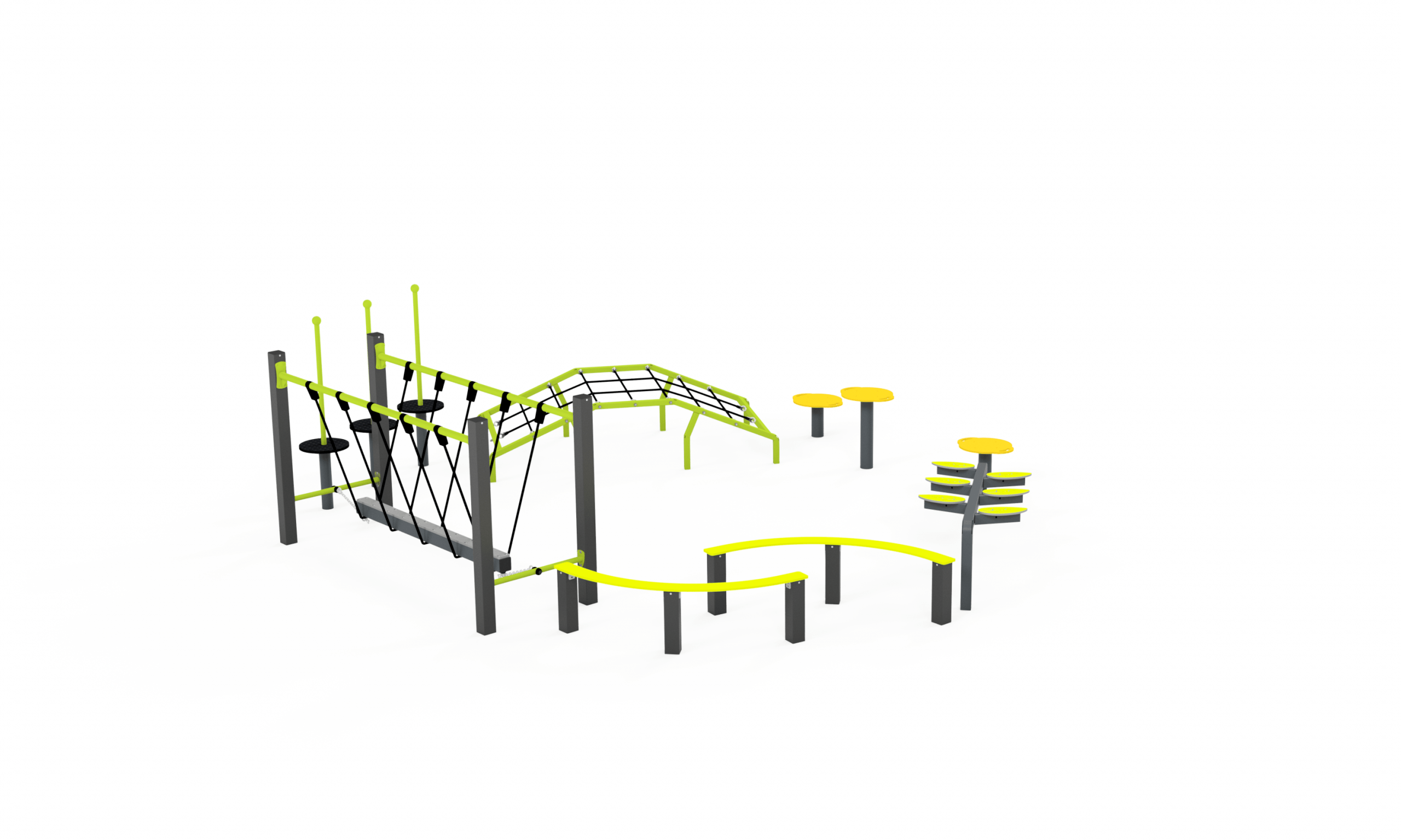 Éléments et jeux du parcours sportif (modèle P5036) Mur d’escalade filet + plots suspendus (à gauche de la structure) Mur constitué de cordages croisés pour grimper. Équipé de plots ronds suspendus en hauteur. Permet de travailler l’agilité, la force et l’équilibre en hauteur. Pont courbé en filet (au centre) Structure arquée avec filet de cordes tendues. Traverse instable où l’enfant doit ramper ou marcher en équilibre. Développe la motricité, la coordination et la confiance en soi. Passerelles courbes basses avec garde-corps jaunes (au sol, à gauche) Petites passerelles en arc. Parfait pour travailler l’équilibre et la stabilité. Plots d’équilibre ronds jaunes (au centre et sur la droite) Plusieurs plateformes rondes à franchir en sautant. Favorisent l’agilité, la motricité dynamique et les jeux de vitesse. Échelle horizontale type “stepper” inclinée (en bas à gauche sur la deuxième image) Série de marches/plots en forme de feuilles. Les enfants doivent grimper ou marcher dessus sans tomber. Filet de traversée vertical avec main courante (au fond à droite) Un filet suspendu droit, utilisé comme pont d’équilibre instable. Idéal pour travailler la coordination et l’endurance.