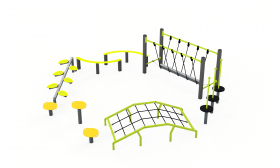 Éléments et jeux du parcours sportif (modèle P5036) Mur d’escalade filet + plots suspendus (à gauche de la structure) Mur constitué de cordages croisés pour grimper. Équipé de plots ronds suspendus en hauteur. Permet de travailler l’agilité, la force et l’équilibre en hauteur. Pont courbé en filet (au centre) Structure arquée avec filet de cordes tendues. Traverse instable où l’enfant doit ramper ou marcher en équilibre. Développe la motricité, la coordination et la confiance en soi. Passerelles courbes basses avec garde-corps jaunes (au sol, à gauche) Petites passerelles en arc. Parfait pour travailler l’équilibre et la stabilité. Plots d’équilibre ronds jaunes (au centre et sur la droite) Plusieurs plateformes rondes à franchir en sautant. Favorisent l’agilité, la motricité dynamique et les jeux de vitesse. Échelle horizontale type “stepper” inclinée (en bas à gauche sur la deuxième image) Série de marches/plots en forme de feuilles. Les enfants doivent grimper ou marcher dessus sans tomber. Filet de traversée vertical avec main courante (au fond à droite) Un filet suspendu droit, utilisé comme pont d’équilibre instable. Idéal pour travailler la coordination et l’endurance.
