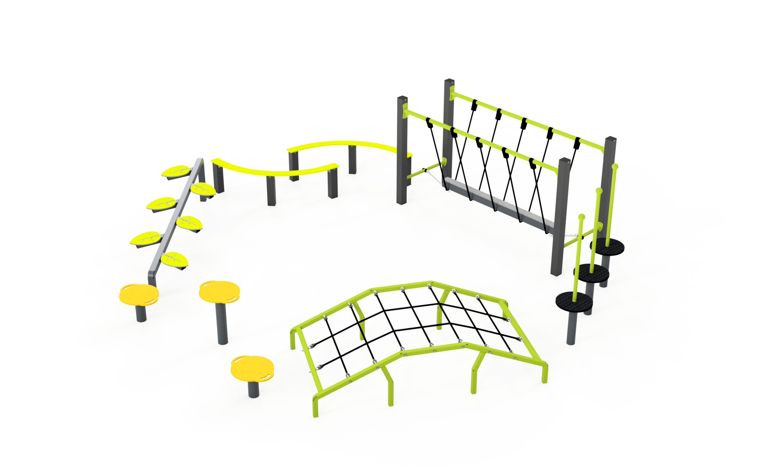Éléments et jeux du parcours sportif (modèle P5036) Mur d’escalade filet + plots suspendus (à gauche de la structure) Mur constitué de cordages croisés pour grimper. Équipé de plots ronds suspendus en hauteur. Permet de travailler l’agilité, la force et l’équilibre en hauteur. Pont courbé en filet (au centre) Structure arquée avec filet de cordes tendues. Traverse instable où l’enfant doit ramper ou marcher en équilibre. Développe la motricité, la coordination et la confiance en soi. Passerelles courbes basses avec garde-corps jaunes (au sol, à gauche) Petites passerelles en arc. Parfait pour travailler l’équilibre et la stabilité. Plots d’équilibre ronds jaunes (au centre et sur la droite) Plusieurs plateformes rondes à franchir en sautant. Favorisent l’agilité, la motricité dynamique et les jeux de vitesse. Échelle horizontale type “stepper” inclinée (en bas à gauche sur la deuxième image) Série de marches/plots en forme de feuilles. Les enfants doivent grimper ou marcher dessus sans tomber. Filet de traversée vertical avec main courante (au fond à droite) Un filet suspendu droit, utilisé comme pont d’équilibre instable. Idéal pour travailler la coordination et l’endurance.