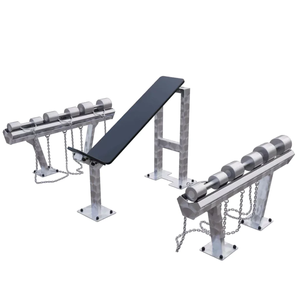Banc incliné professionnel outdoor en acier inoxydable avec set d’haltères, station musculation extérieure haute durabilité, équipement fitness intensif pour parcs sportifs, bootcamps et salles de sport en plein air.