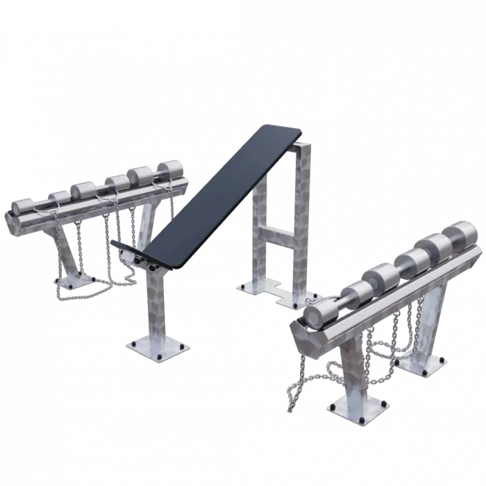 Banc Incliné Professionnel Outdoor avec Set d’Haltères Inox – Équipement Haute Durabilité pour Parcours Fitness Extérieur