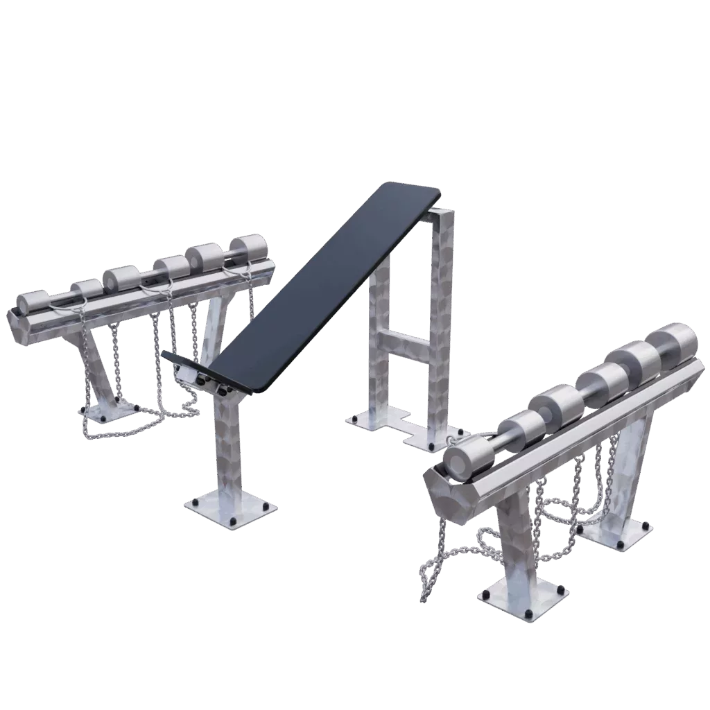 Banc Incliné Professionnel Outdoor avec Set d’Haltères Inox – Équipement Haute Durabilité pour Parcours Fitness Extérieur