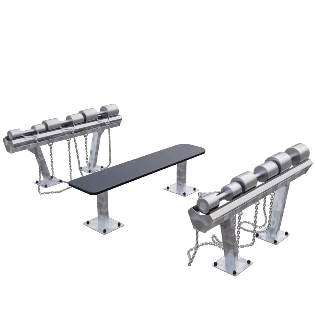 Banc plat outdoor haut de gamme en acier inoxydable avec set d’haltères, station musculation extérieure professionnelle, résistante aux intempéries, pour entraînement force et fitness intensif en extérieur