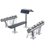 Banc plat outdoor en acier inox + pupitre preacher curl + haltères inox – station biceps extérieure résistante aux intempéries pour musculation, bootcamp ou salle de sport collective