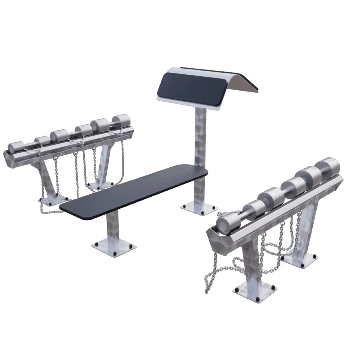 Banc plat outdoor en acier inox + pupitre preacher curl + haltères inox – station biceps extérieure résistante aux intempéries pour musculation, bootcamp ou salle de sport collective