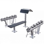 Banc plat outdoor en acier inox + pupitre preacher curl + haltères inox – station biceps extérieure résistante aux intempéries pour musculation, bootcamp ou salle de sport collective