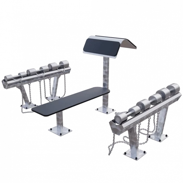 banc plat outdoor + pupitre curl + set d’haltères – inox station biceps & force extérieure professionnelle