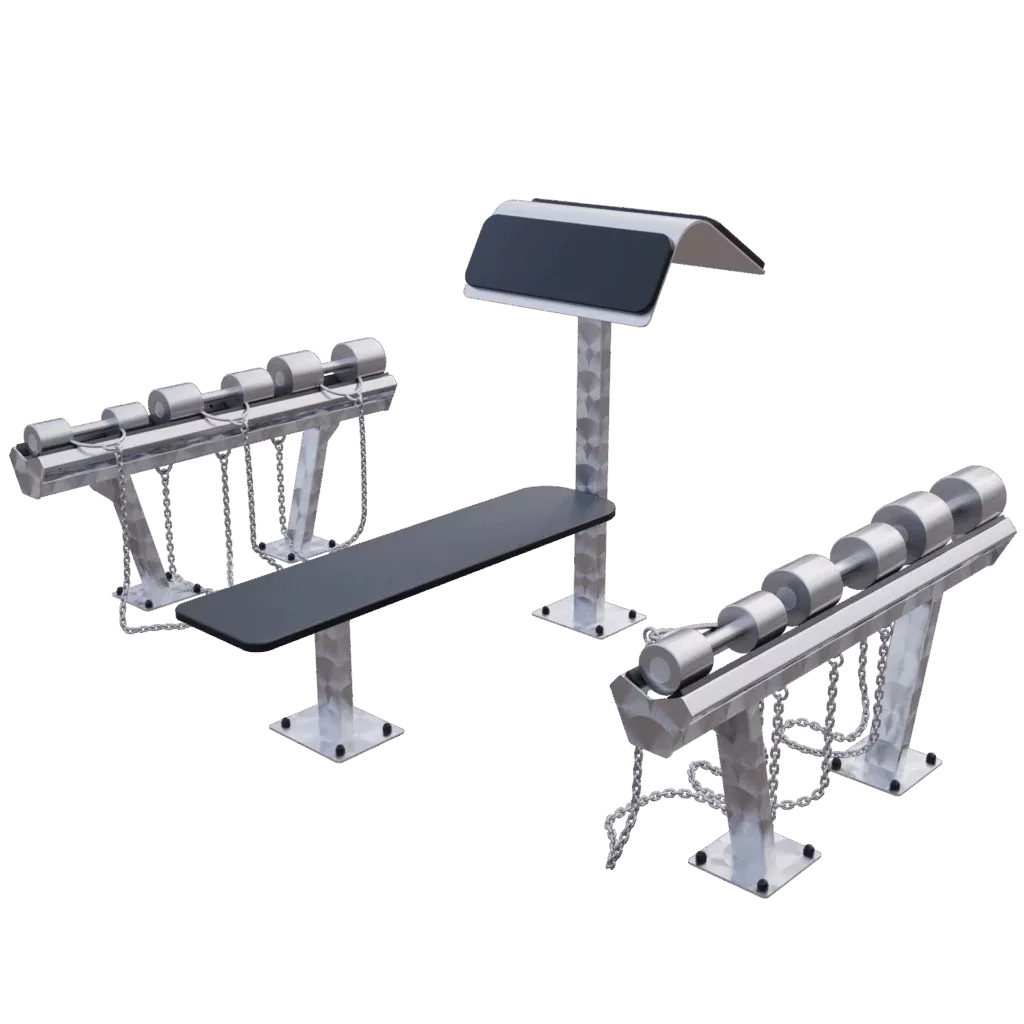 banc plat outdoor + pupitre curl + set d’haltères – inox station biceps & force extérieure professionnelle