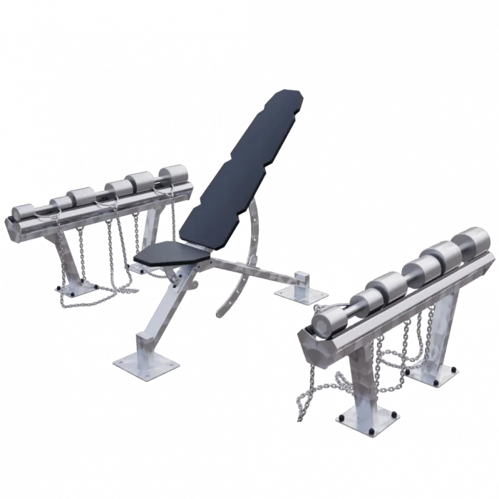 Banc Réglable Premium Outdoor + Ensemble d’Haltères Inox – Pack Pro pour Zones Fitness Extérieures