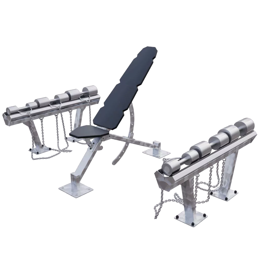 Banc Réglable Premium Outdoor + Ensemble d’Haltères Inox – Pack Pro pour Zones Fitness Extérieures