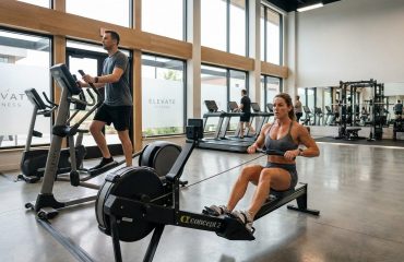 photorealistic wide shot inside a modern professional gym in the foreground a 3976 Rameur ou vélo elliptique: le comparatif pour vos objectifs