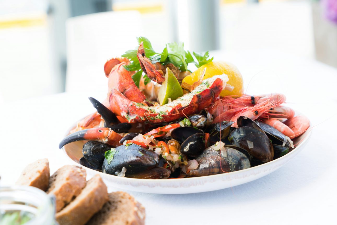 Assiette variée de fruits de mer (crevettes, moules, crabe, homard) — crustacés riches en protéines et minéraux, présentation appétissante illustrant nutrition fitness saine et apport calorique contrôlé