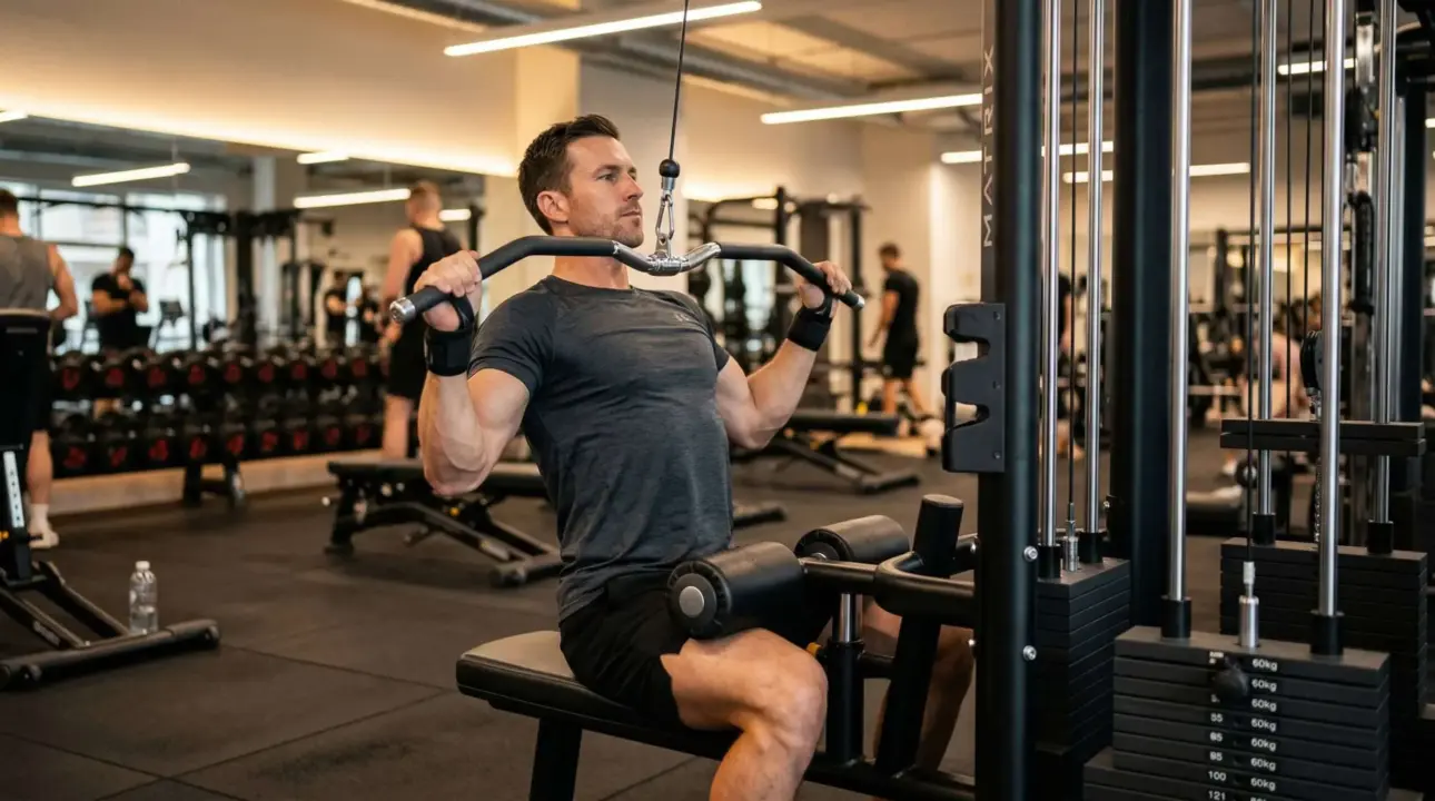 Homme effectuant un lat pulldown sur appareil de musculation professionnel en salle de sport