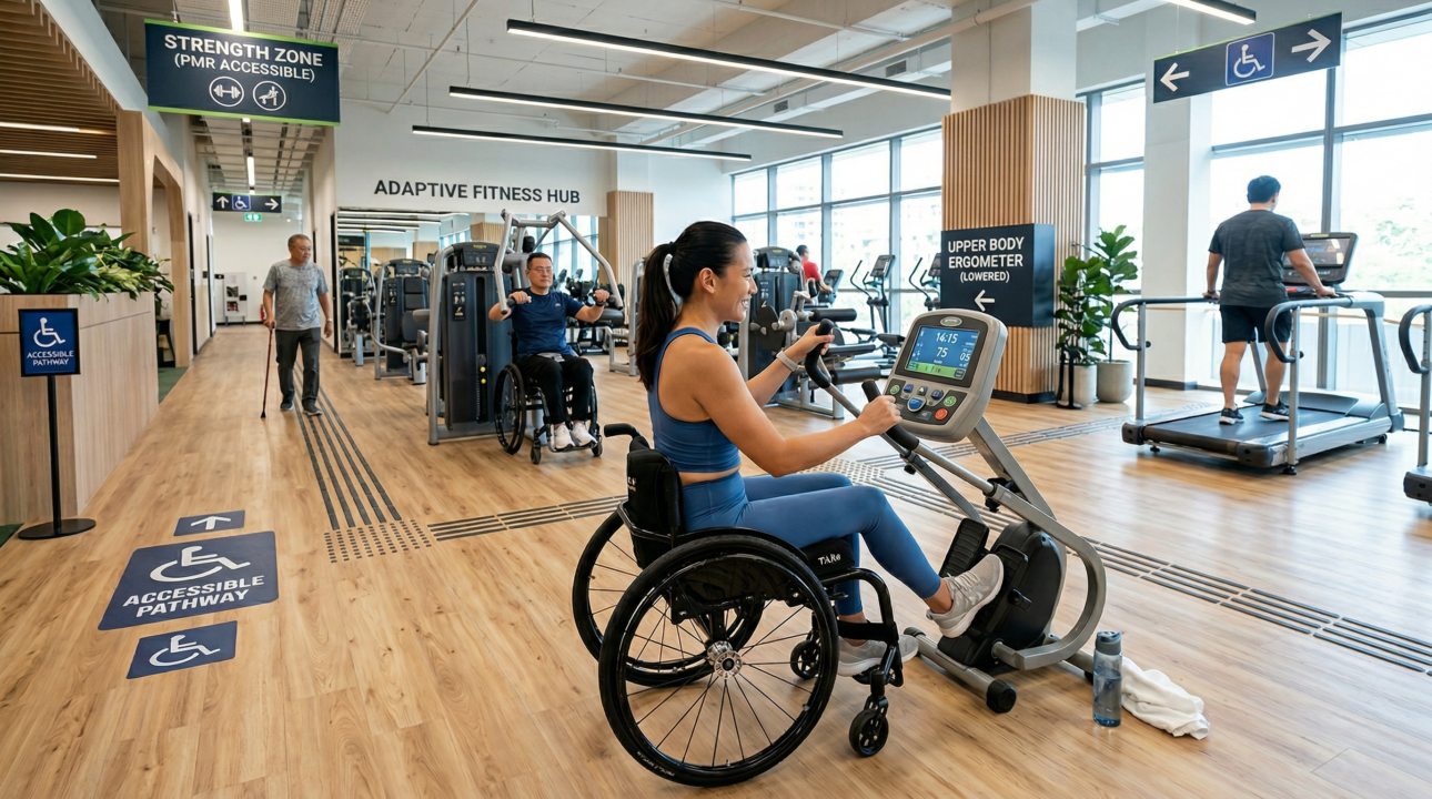 Salle de sport accessible PMR avec équipement adapté