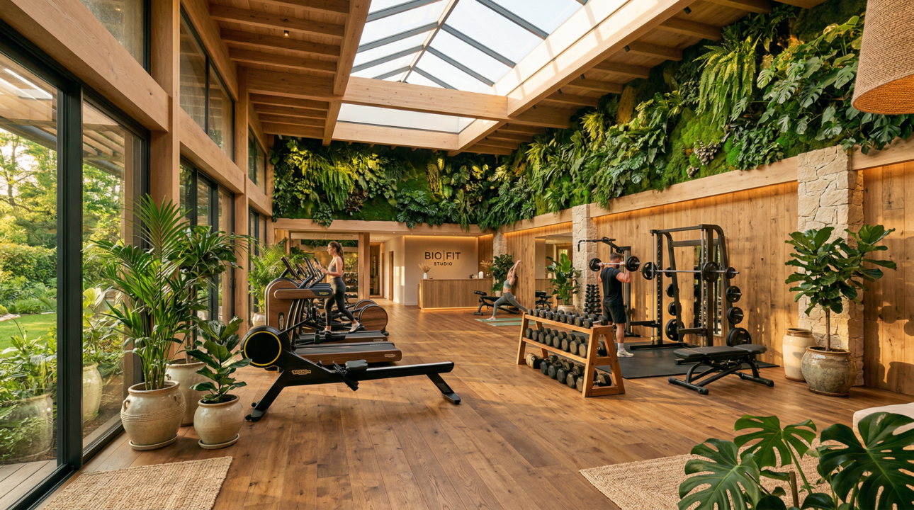 Salle de sport design biophilique avec végétation et matériaux naturels