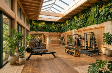 Salle de sport design biophilique avec végétation et matériaux naturels