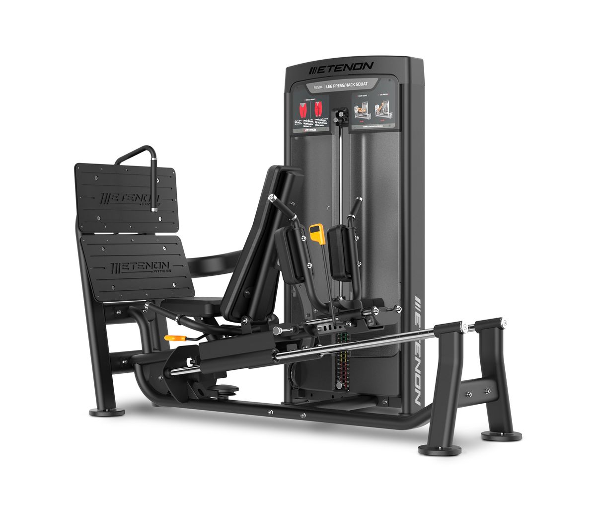 machine dual presse à jambes / hack squat etenon r8504 — 3 en 1 sélectorisée, 140 kg, siège 9 positions, double plateforme