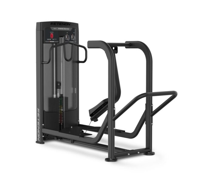Machine de musculation ETENON, standing rear kick, noire, fond blanc.