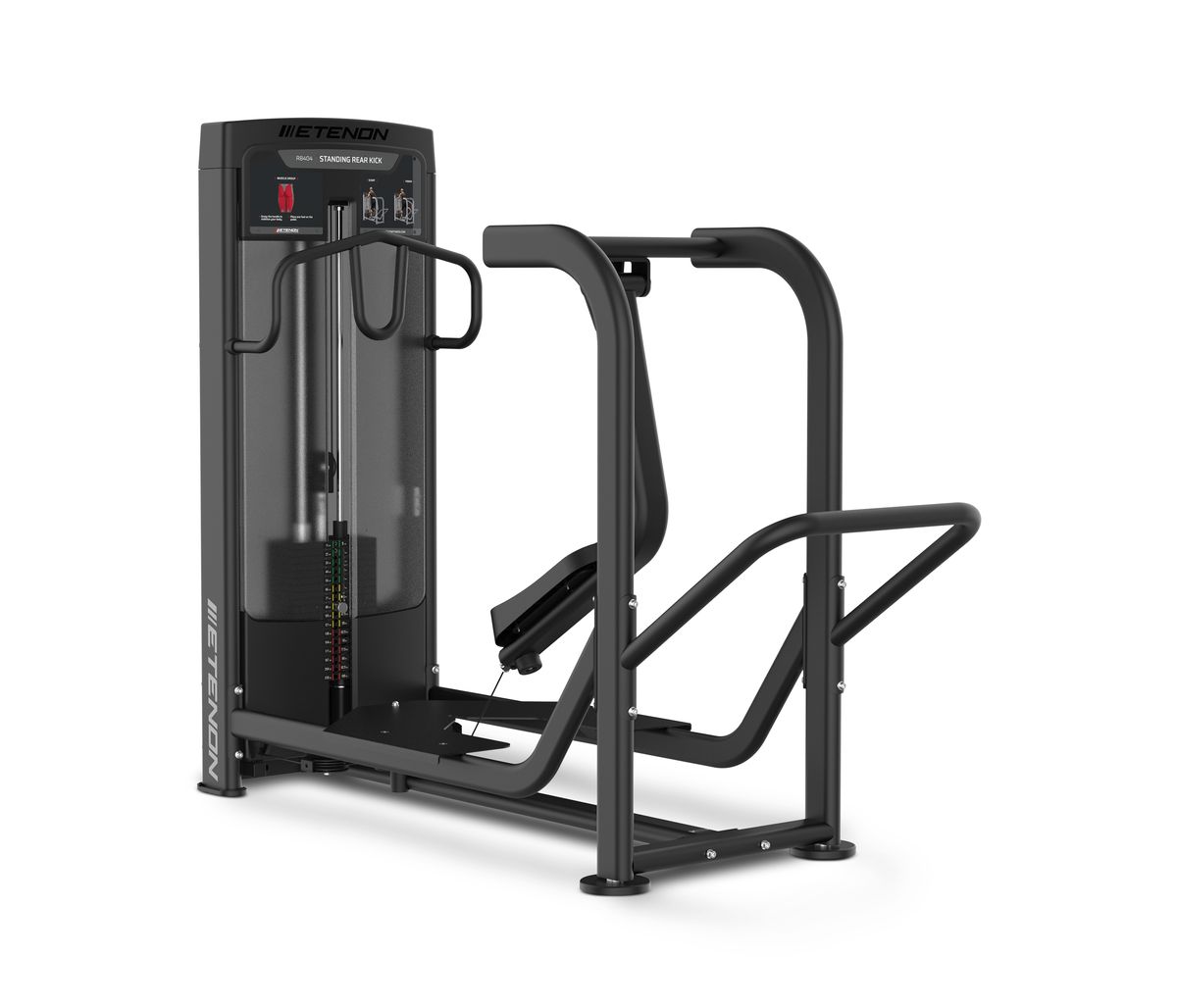 Machine de musculation ETENON, standing rear kick, noire, fond blanc.