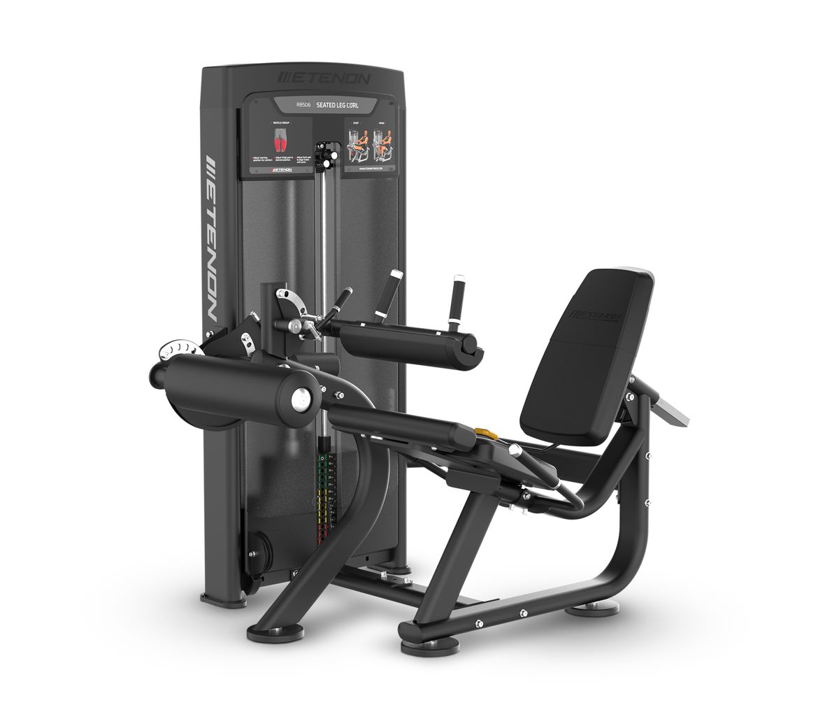 machine leg curl assis sélectorisée etenon r8506 — ischio jambiers, bras contrebalancé, assise divisée, dossier 8 positions