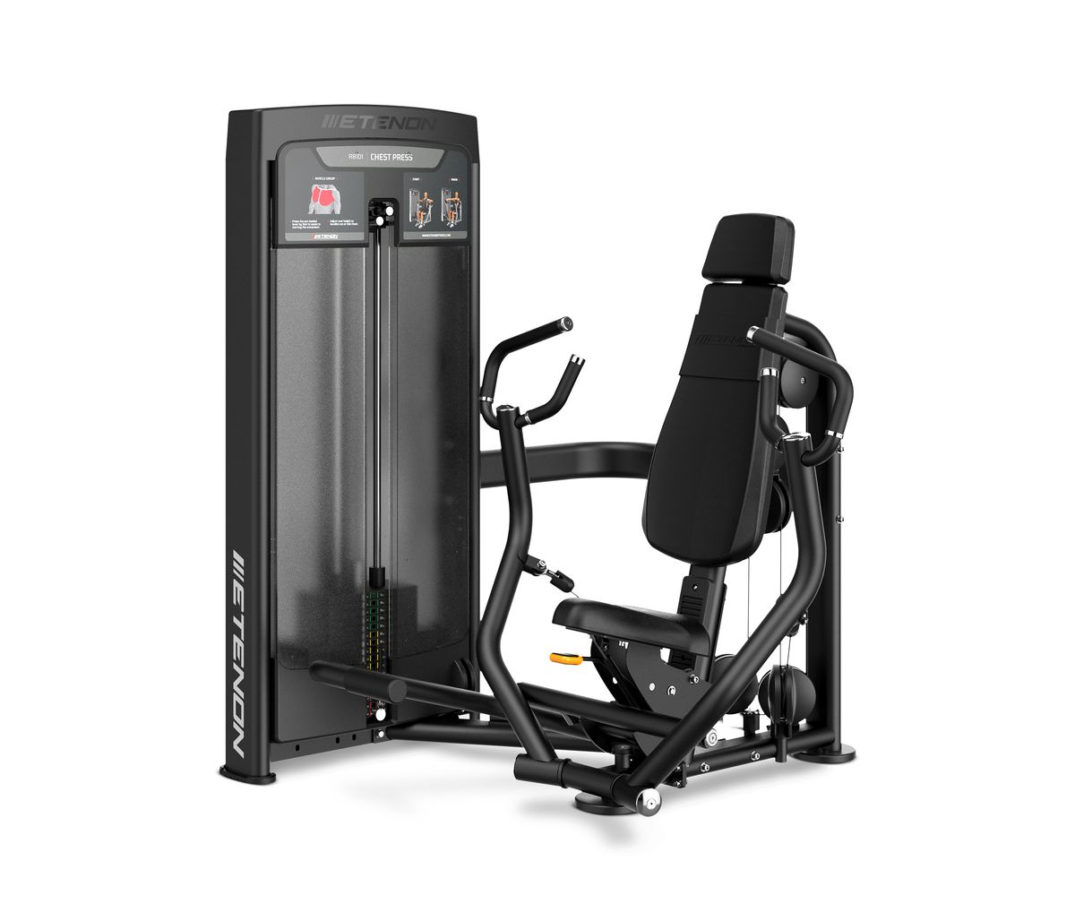 Machine de musculation pectorale noire moderne sur fond blanc.