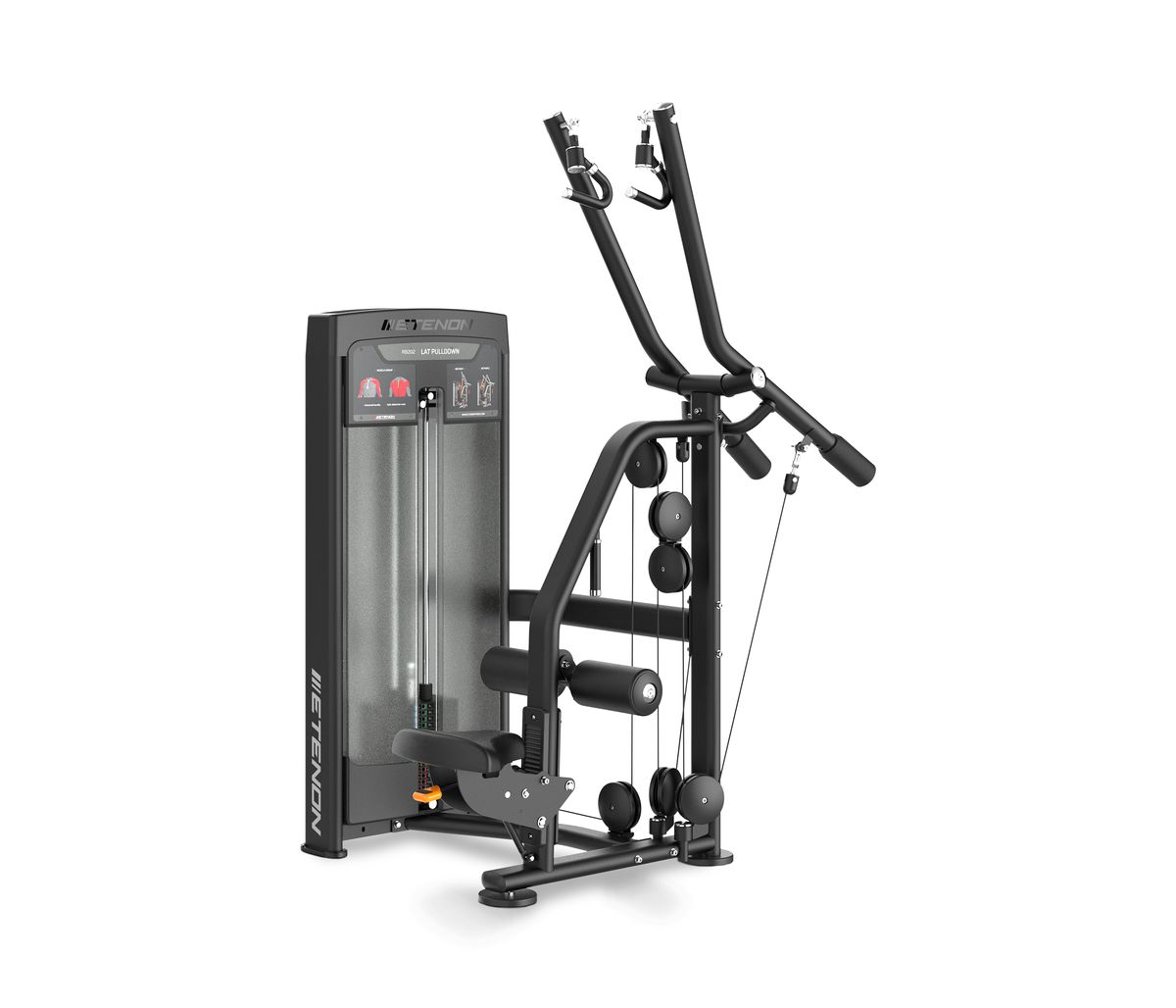 Machine de musculation Lat Pulldown noire sur fond blanc.