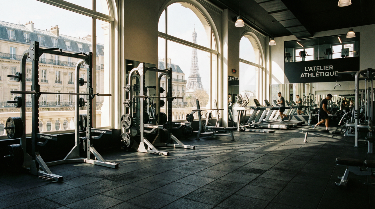 Salle de sport moderne avec vue sur la Tour Eiffel à Paris.