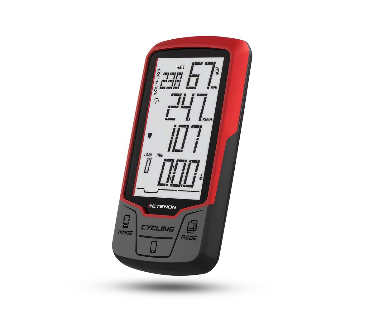 Compteur de vélo GPS Etenon rouge et noir affichant des données.