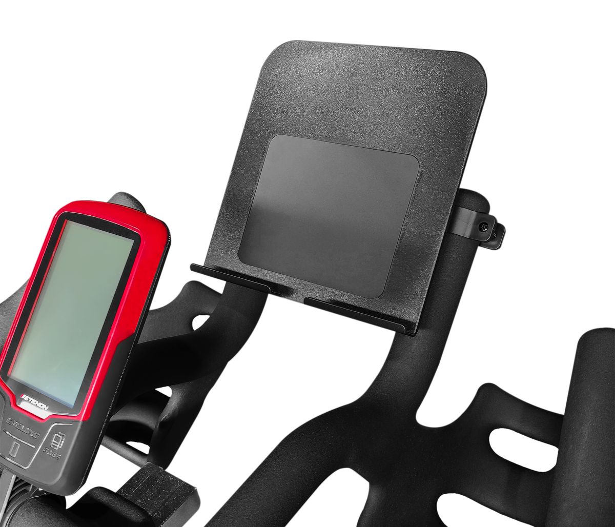 Compteur de vélo rouge et support tablette sur guidon.