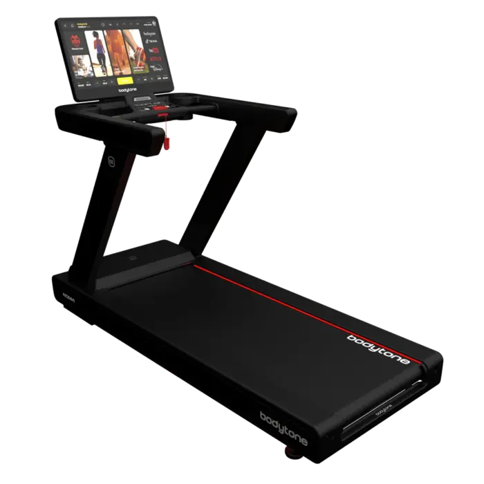Tapis de course Bodytone noir avec écran tactile connecté.