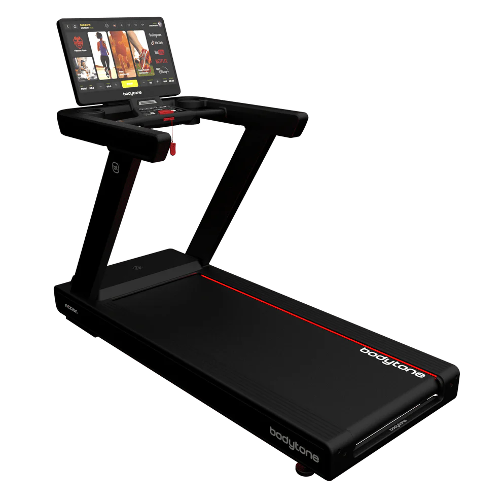 Tapis de course Bodytone noir avec écran tactile connecté.