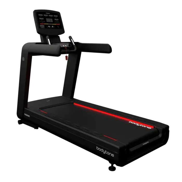 Tapis de course noir moderne Bodytone avec lumières rouges.