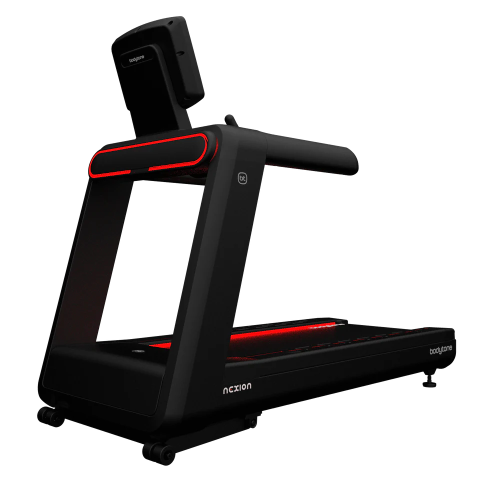 Tapis de course noir moderne avec éclairage LED rouge.