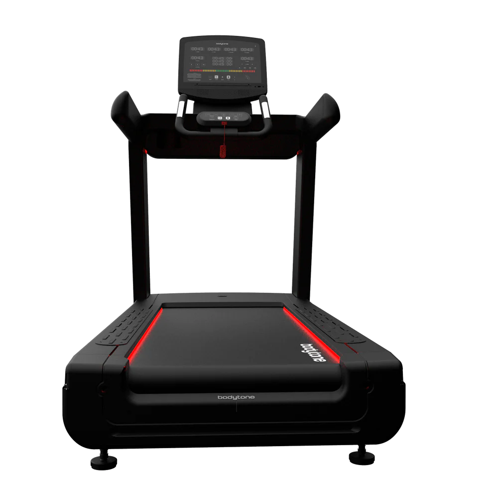 Tapis de course noir Bodytone, accents rouges, écran numérique.