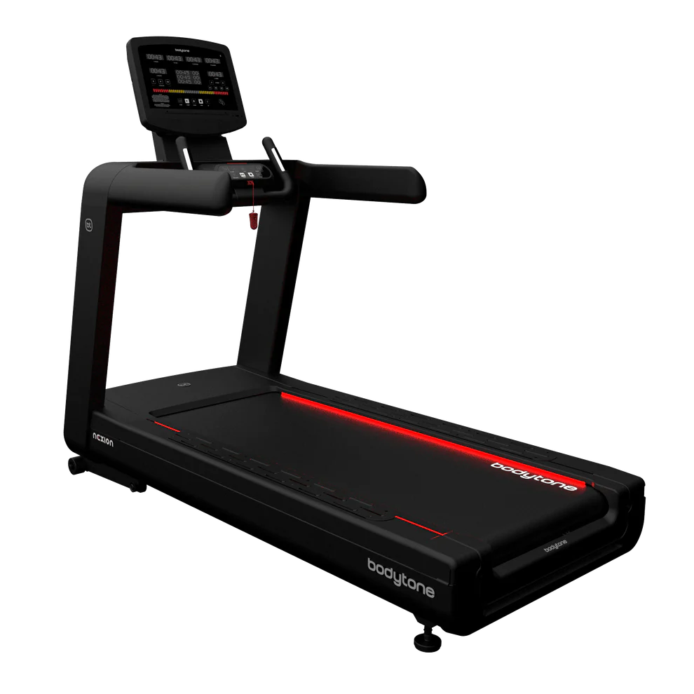 Tapis de course noir moderne Bodytone avec lumières rouges.