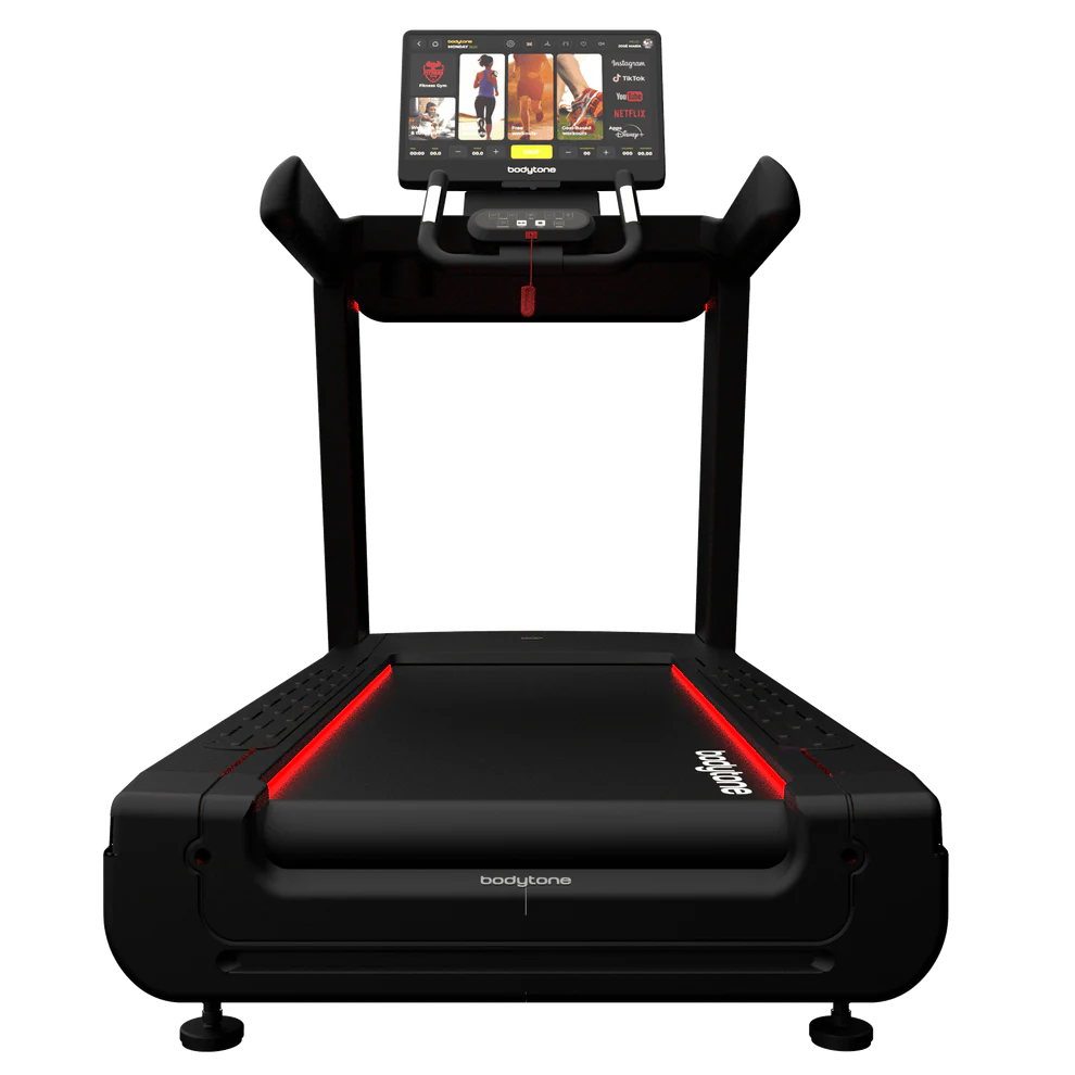 Tapis de course Bodytone noir moderne avec écran tactile et LED rouges.