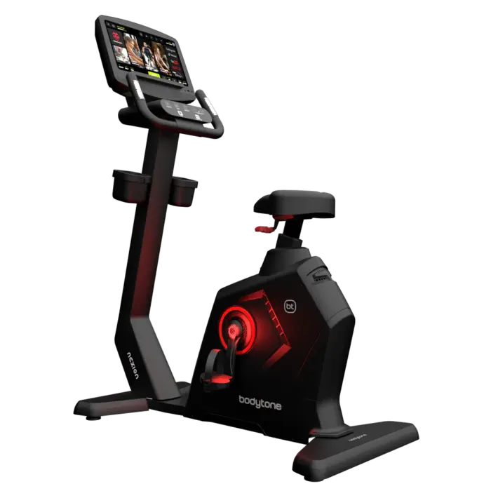Vélo d'appartement noir Bodytone avec écran, accents rouges.