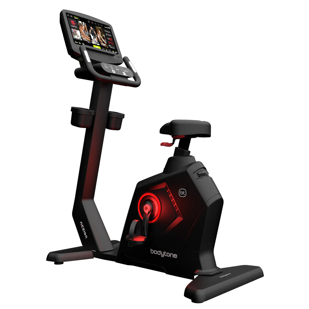 Vélo d'appartement noir Bodytone avec écran, accents rouges.