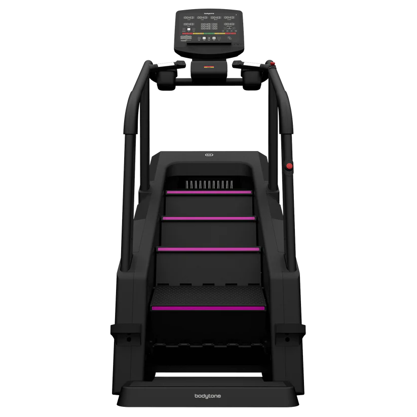 Stepper Bodytone noir avec accents violets et écran numérique.