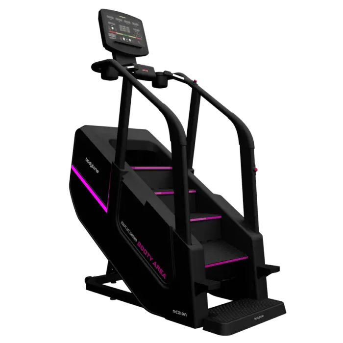 Stepper d'escalier noir et violet avec écran numérique.
